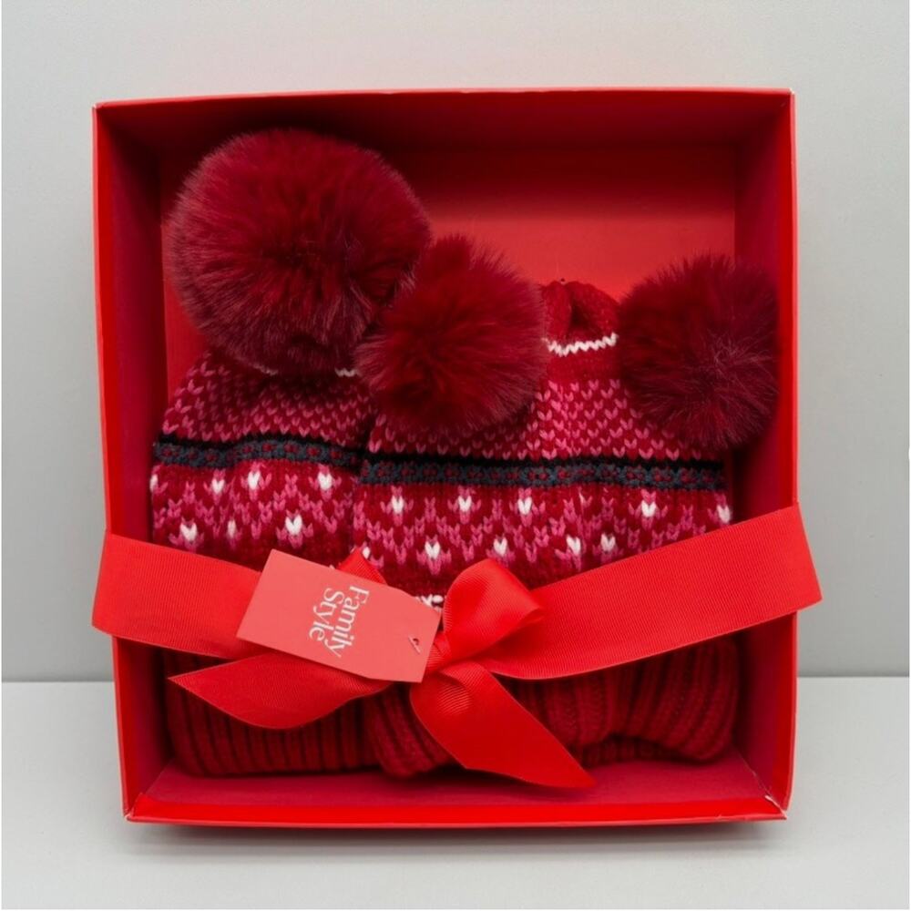 Charter Club Mommy & Me Fair Isle Beanies Set Red Cozy Comfy Festive One Size